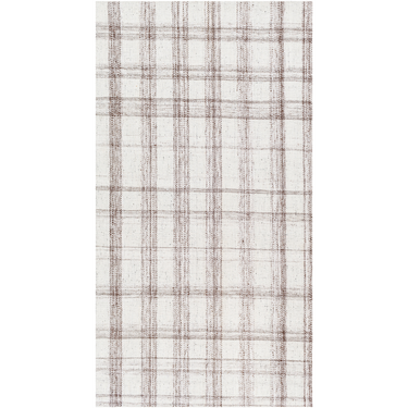 A rectangular, flatweave rug with a checkered plaid design in beige and brown colors.
